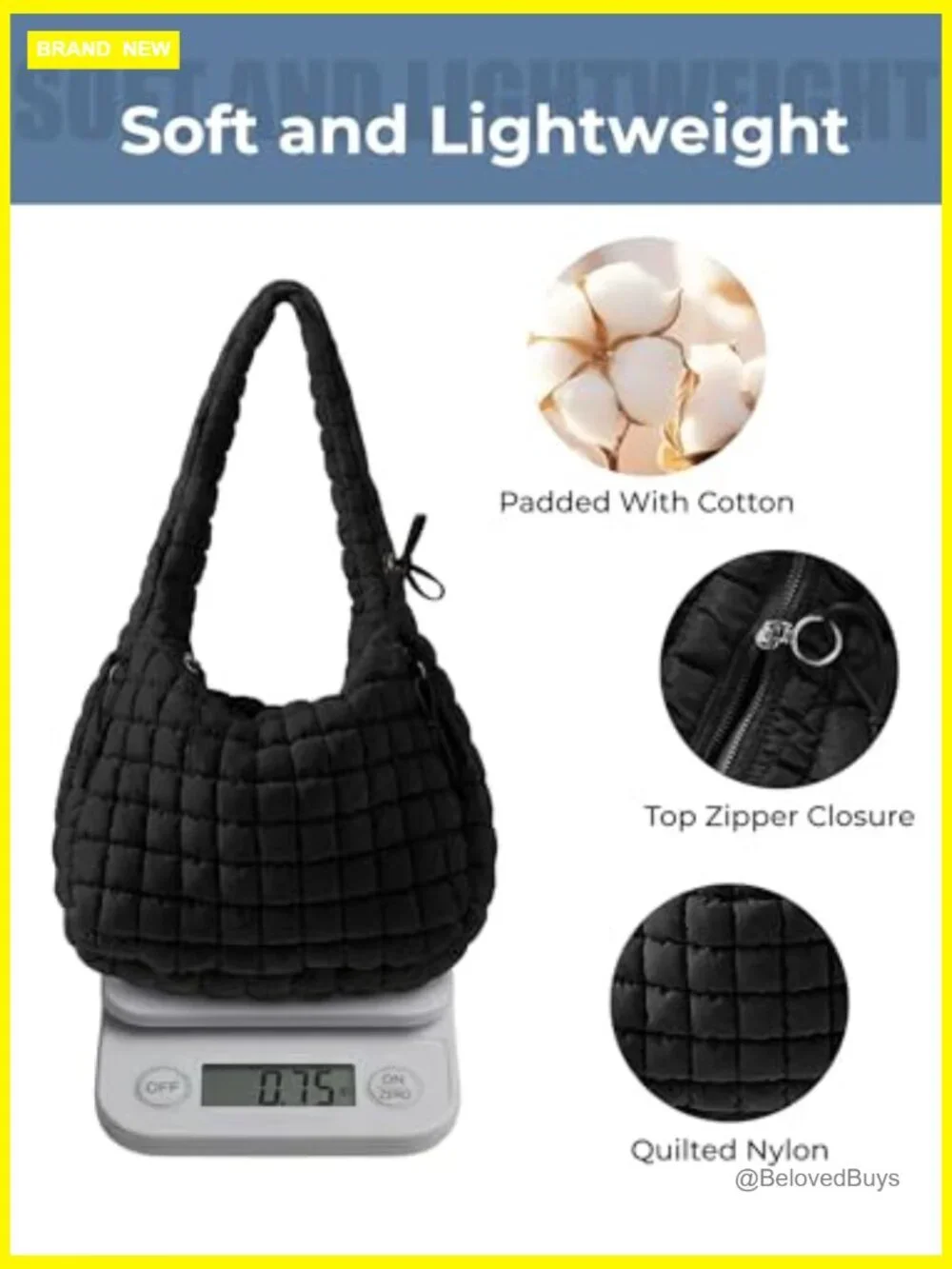 Large Quilted Nylon Puffer Tote Bag Hobo Shoulder Crossbody Purse